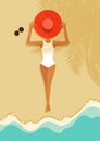 A women laying down on beautiful beach. Summer time and happy holiday concept flat design style