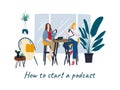 Women lead a podcast at home office. Girls talking sitting at the table. Trendy minimalist scandinavian interior design