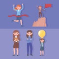 Women leadership icon set top peak with flag, success and inspiration