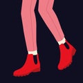 Women legs and feet with stylish colorful footwear bright shoes. Flat design style.