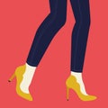 Women legs and feet with stylish colorful footwear bright shoes. Flat design style.