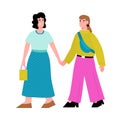 Women lesbian couple or LGBT activists walk, flat vector illustration isolated.