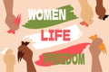 Women life freedom. Hands holding multicolored tuft of cut hair. Conceptual banner of international allyship in defense of iranian Royalty Free Stock Photo