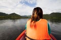 women life jacket on the boat look nature. Royalty Free Stock Photo