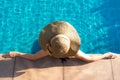 Women lifestyle relaxing near luxury swimming pool sunbath, summer day at the beach resort in the hotel. Royalty Free Stock Photo