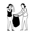 Women lifting plastic garbage bag