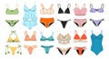 Women lingerie. Color ladies panties, female underwear, beautiful bras, bodysuits, fashionable models with ruffles and