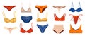 Women lingerie. Doodle underwear clothing. Swimming suit. Bra and bikini panties. Undies with thongs and laces. Fashion