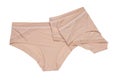 Women lingerie isolated. Close-up of beige or flesh-colored two panties isolated on a white background. Useful for wearing under Royalty Free Stock Photo