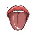 Women lips with tongue out , sexy mouth with red lips tshirt print in vector . modern beauty joy art