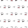 Women make up beauty fashion seamless pattern eyes, text, cosmetic. Contour vector illustration.