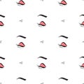 Women make up beauty fashion seamless pattern eyes, text, cosmetic. Contour vector illustration.