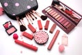 Women Make up Cosmetics bag and set of professional decorative, red lipsticks and brush makeup, perfume and sponge with pink pearl