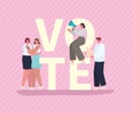 Women and man cartoons with vote banner and megaphone on pink background vector design