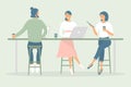 Women and man friends or colleagues sitting at desk in modern office or cafe,working at notebook and tablet,have coffee, talking.