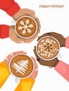 Women and man hands holding coffee cups with latte art and marshmallow. Cappuccino crema with snowflake and Christmas Royalty Free Stock Photo