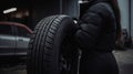 women Mechanic holding a tire tire at the repair garage. replacement of winter and summer tires, generative ai