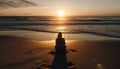 Women meditating on sand, beauty in nature generated by AI