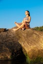 Women meditation pose at amazing sunset Royalty Free Stock Photo