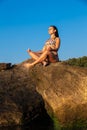 Women meditation pose at amazing sunset Royalty Free Stock Photo