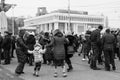 Women, men and children are dancing in the square in the center of Tiraspol, Moldova at the Shrovetide Festival