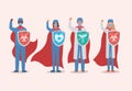 Women and men doctors heroes with cape and shield against 2019 ncov virus vector design