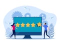 Women and men give star ratings online. Customers evaluate service performance. Satisfaction with products or services
