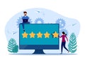 Women and men give star ratings online. Customers evaluate service performance. Satisfaction with products or services