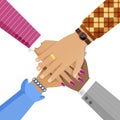 Diverse group of people putting arms together. Teamwork, unity, agreement and partnership concept. Royalty Free Stock Photo