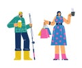 Women and men present stereotypical gender misconceptions, flat vector isolated.