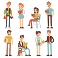 Women and men reading books. People readers vector characters set