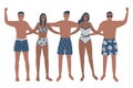 Women and men in swimsuits and swimming trunks are standing together
