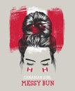 Women messy bun hairstyles, with Canadian flag background vector clip art illustration