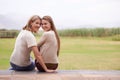 Women, mother and daughter in garden, portrait and together with smile, care and love on spring vacation in nature. Mom Royalty Free Stock Photo