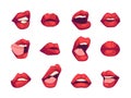 Women Mouths with Red Lipstick Set. Plump Lip Movements. Licking, Biting Lips Pictures. Cartoon Vector Illustration Royalty Free Stock Photo