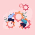 Women Moving Huge Cogwheels Mechanism with Hands, Businesswomen Sitting at Gears Developing New Strategy