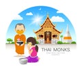 Women offering alms to Thai monks put face mask, on thailand temple pagoda cloud and sky design