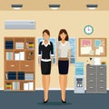 Women office work standing cabinet file cooler water bookshelf notice board and window city background