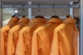 Orange colors shirts hang in a wooden closet at modern home decoration Royalty Free Stock Photo