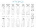 Women pants collection, vector sketch illustration.