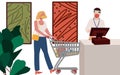 Women pay for groceries in trolley customer cashier use mask face shield during corona virus pandemic flat cartoon style