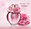 Women perfume bottle delicate rose fragrance. Realistic Vector Product packaging designs mock up floral background