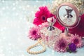 Women perfume bottle and pearl necklace Royalty Free Stock Photo