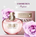 Women perfume bottle rose fragrance. Realistic Vector Product packaging designs mock up