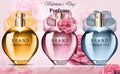 Women perfume colorful bottle set collection fragrances. Realistic Vector Product packaging designs