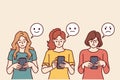 Women with phones near emoji with different facial expressions for internet feedback concept