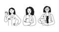 Women Physicians. Doctor. Diversity women in different poses. Vector doodle illustration