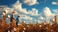 Women pick cotton in the field. Generative AI.