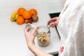 Women picking an item from storage hutch. Smart kitchen organization concept Royalty Free Stock Photo