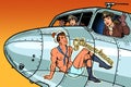 Women pilots girls. Pinup man on the fuselage of a retro bomber